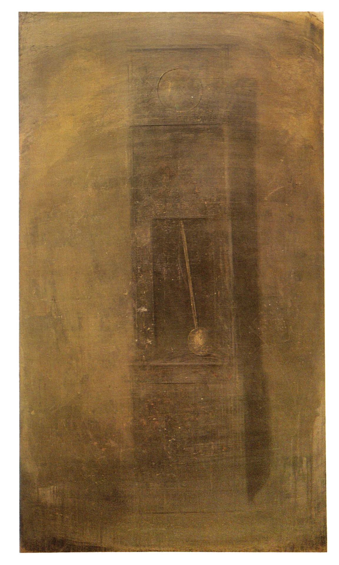 Painting of a grandfather clock with foggy foreground.
