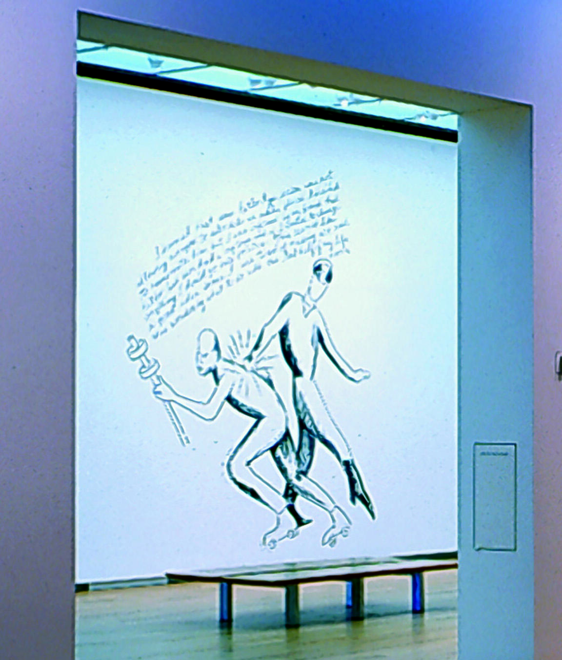 Installation view of large wall drawing depicting styized figure of man in uniform hitting another man wearing roller skates and holding a staff, and English text above the figures.