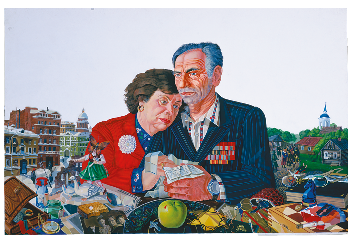 Stylized portrait painting of man and woman sitting at a table facing forward cluttered with objects, fruits, animals, and papers, the woman resting her head on the man's shoulder as he holds a handful of papers, amid buildings in background. 