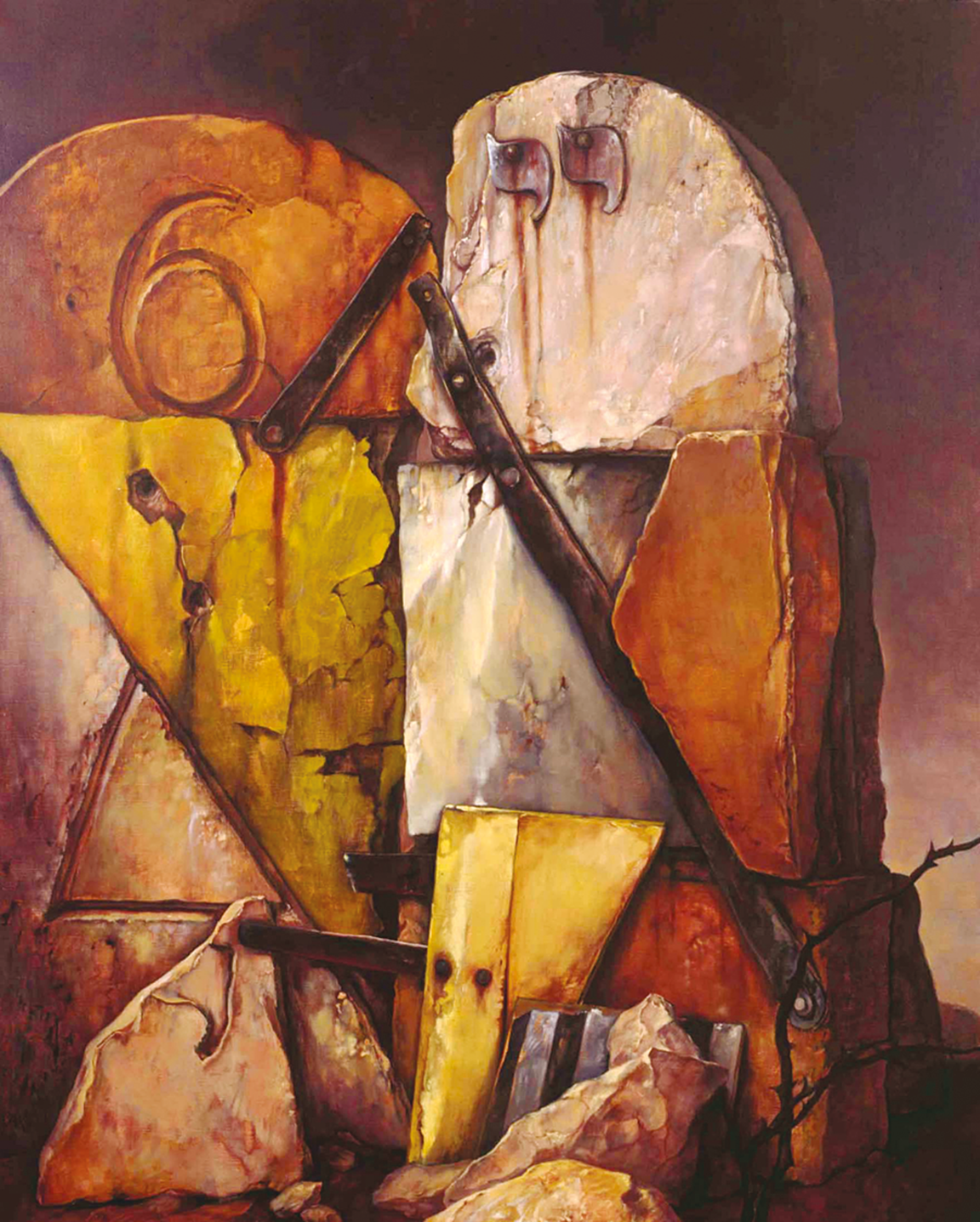 Painting of stacked stones forming a Star of David with cracks and metal, with a number 6 above the star on one of the rocks and quotation marks on another set of rocks. 