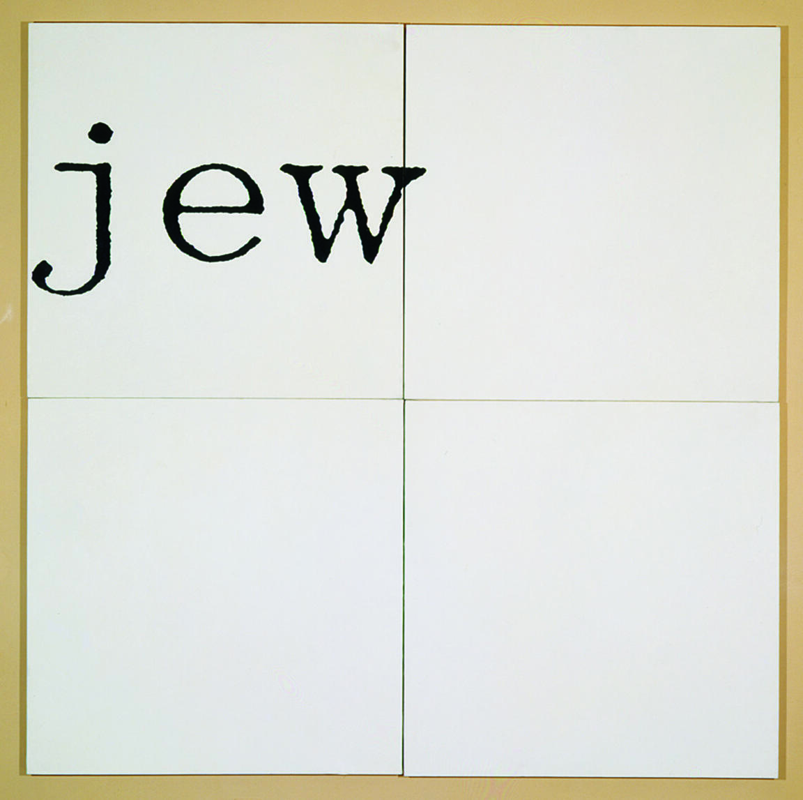Painting with the word "Jew" in the upper left corner of a grid of four squares. Painting with the word "Jew" in the upper left corner of a grid of four squares.