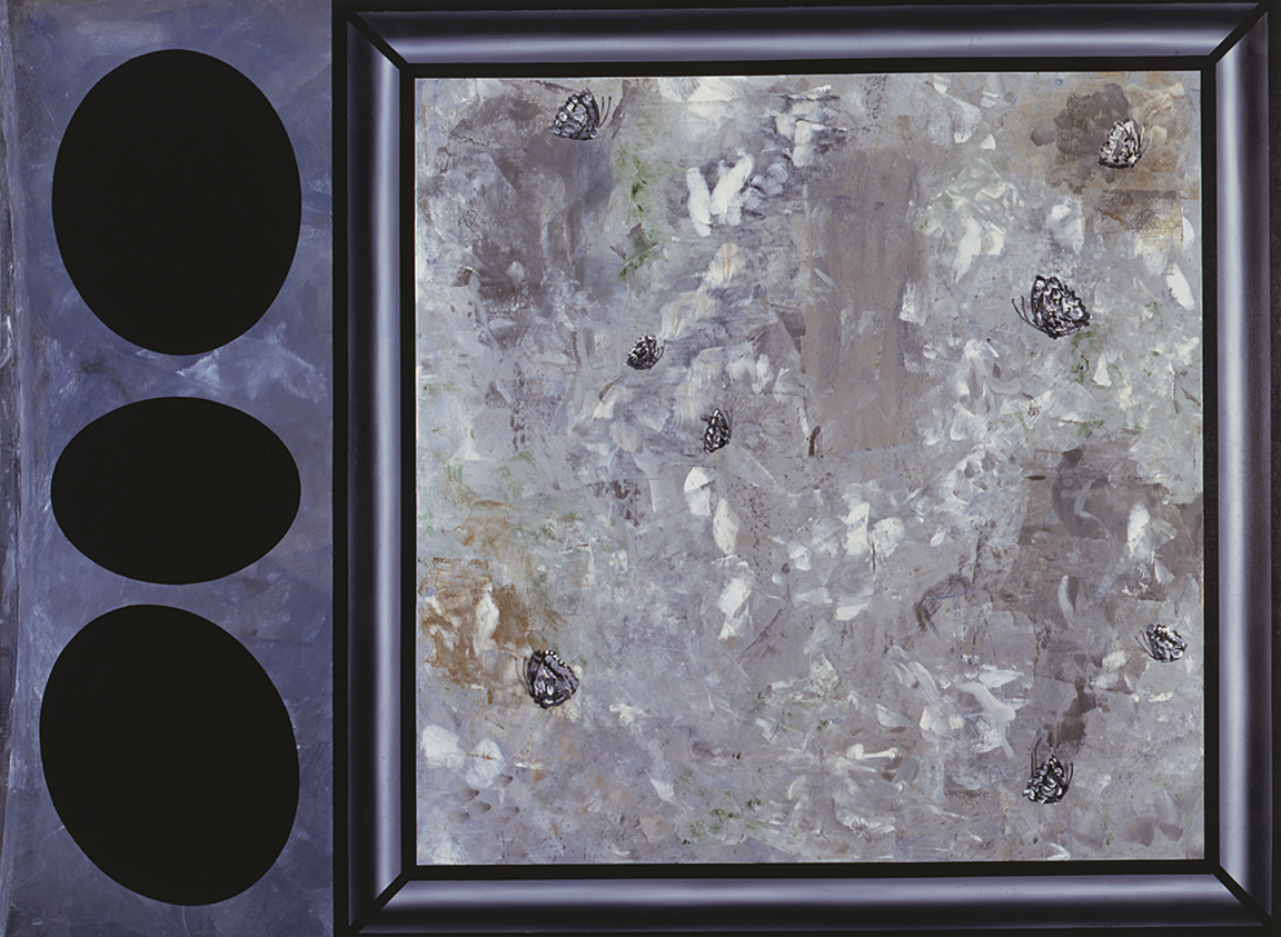 Abstract painting of three oval shapes on the left and butterflies amid thick brush strokes in a frame on the right. 