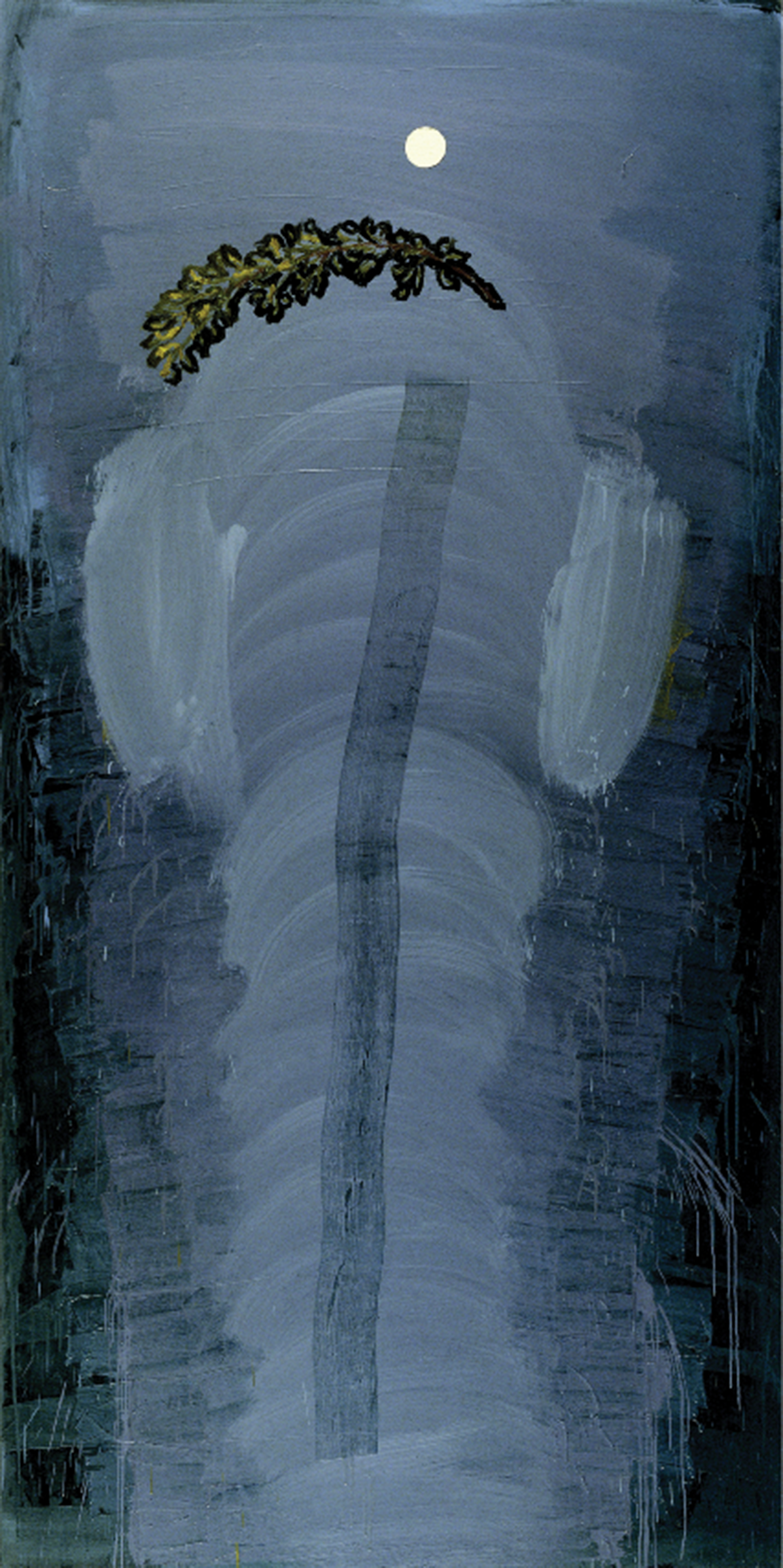 Abstract painting featuring thick brush strokes in the center with a straight vertical line through the center.