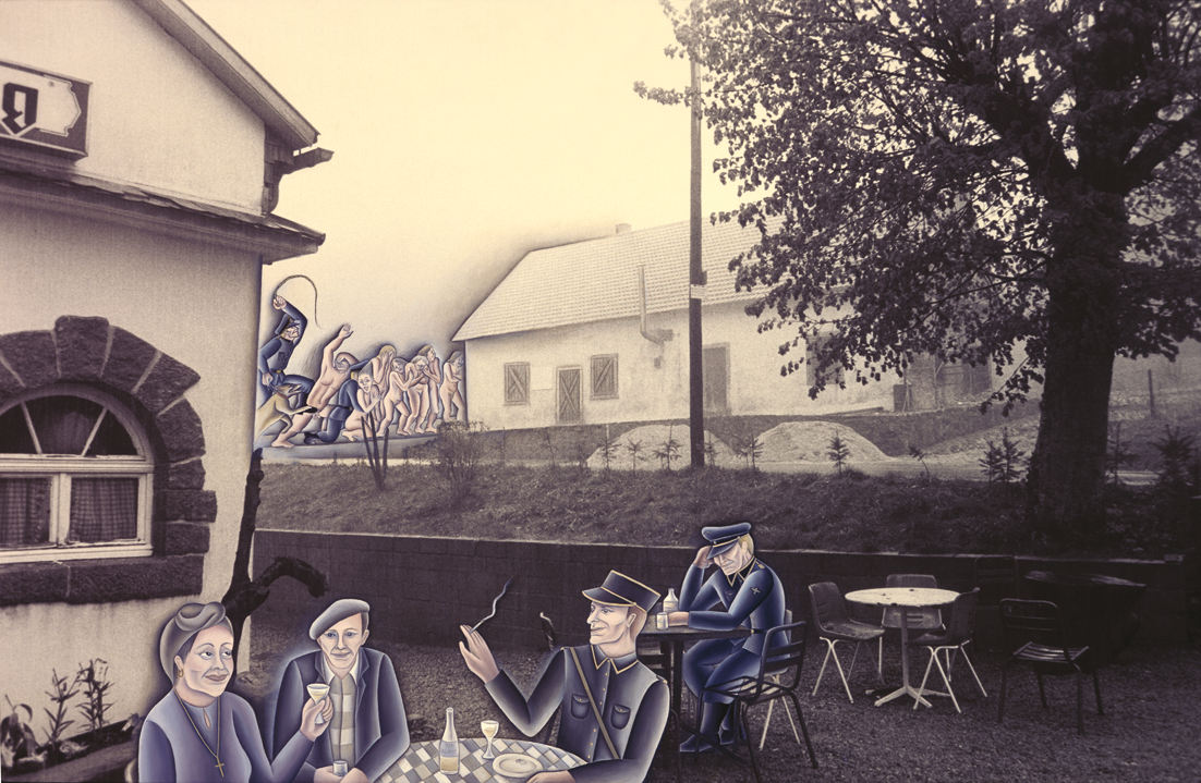 Mixed media on photolinen depicting man, woman, and guard having a drink at an outdoor table and a guard seated at another table behind them, and nude figures beaten by another guard in the background. Mixed media on photolinen depicting man, woman, and guard having a drink at an outdoor table and a guard seated at another table behind them, and nude figures beaten by another guard in the background.