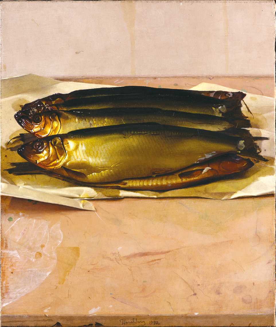 Painting of four fish on paper on a table. Painting of four fish on paper on a table.
