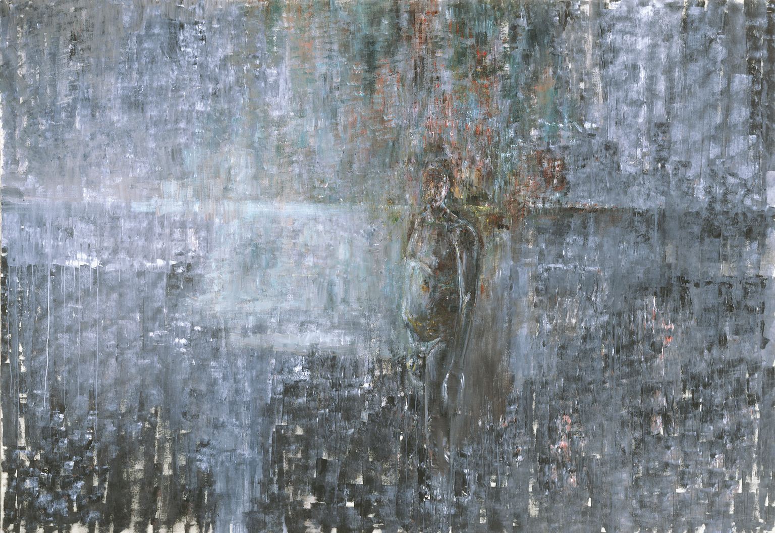 Abstract painting with thick brush strokes and a figure in the middle. 