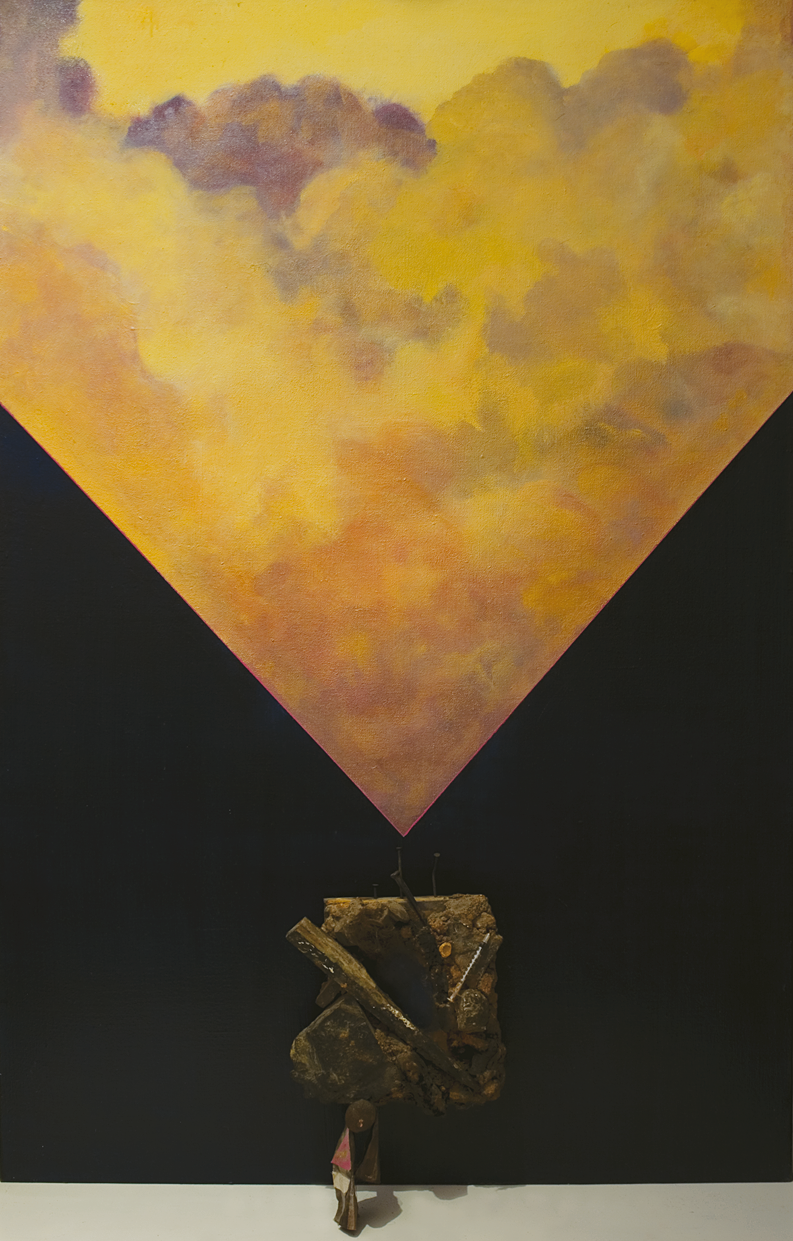 Art installation of inverted triangle with object underneath. Art installation of inverted triangle with object underneath.