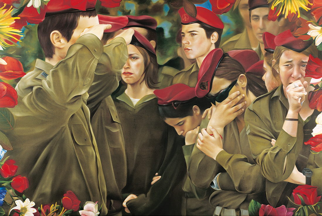 Painting of young men and women wearing military uniforms and berets, facing various directions with upset expressions.