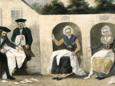 Painting of men cutting cloth and women sewing.