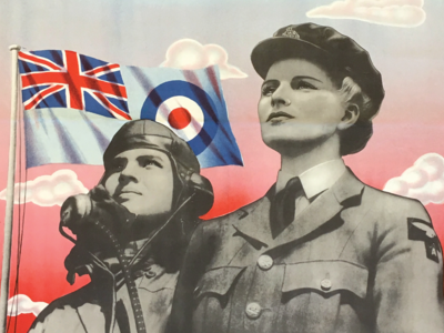 Poster featuring two women in uniform, one of whom is wearing a mask, in front of a flag, and Hebrew writing along the top and bottom. 