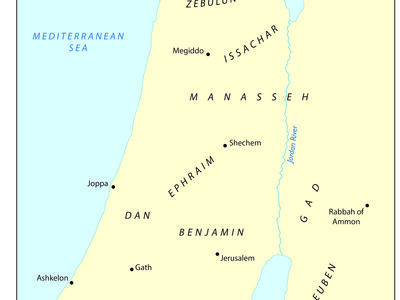 Map of twelve tribes of Israel with English name labels. 