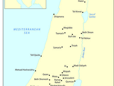 Map of Middle East with areas of interest marked with black dot and labeled in English; map of the Sinai peninsula with Kuntillet Ajrud denoted in inset.  