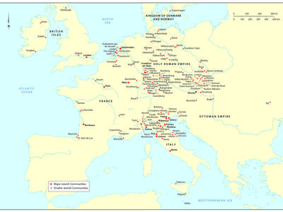 Map of Europe with cities labeled in English and noted by large or small red dots, with a legend explaining that small dots are for smaller Jewish communities and larger dots for major Jewish communities. 