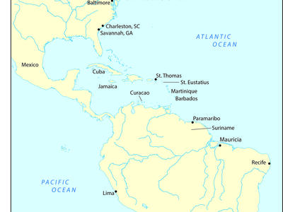 Map of the Americas with cities on the East Coast labeled. 