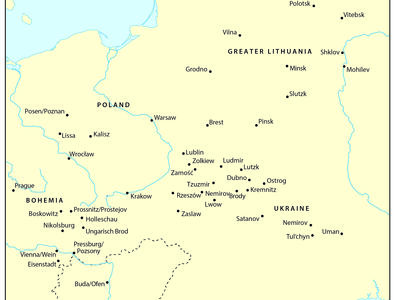 Map of Eastern Europe with cities and countries labeled. 