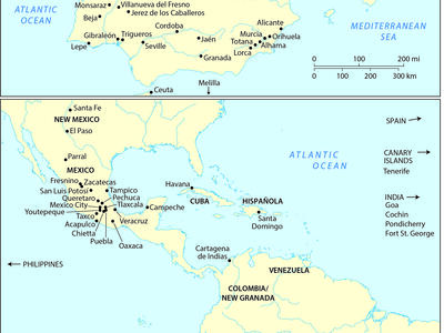 Map of Spain and Portugal on top, and Central and South America on the bottom.