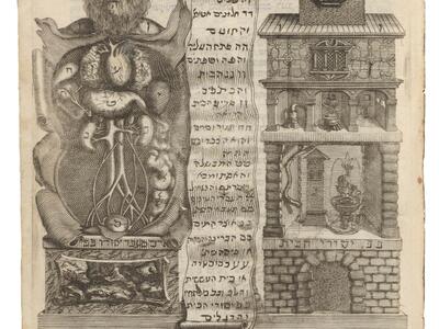 Engraving showing three main elements: on the left, a bearded man with his chest opened to reveal anatomical drawings of internal organs, including the heart and branching vessels; in the center, a vertical scroll filled with handwritten Hebrew text; and on the right, a cutaway view of a multi-story building with arched windows, a domed roof, and small figures inside.