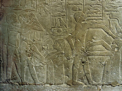Relief with hieroglyphs above standing figures while others sit and perform circumcisions. 