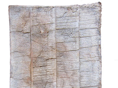 Clay tablet with cuneiform inscription.