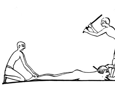 Drawing of man held down as another prepares to hit him with a stick.