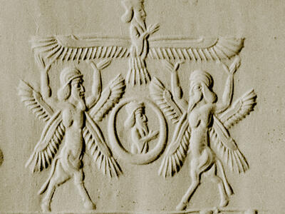 Hybrid Creatures with Four Wings Supporting Deity in Persian Seal Impression Impression of two winged figures holding up a third winged figure.