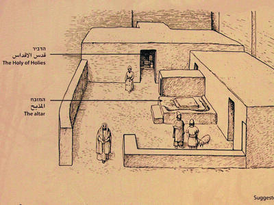 Drawing of reconstructed sanctuary with roofed stone structures, large courtyard, and altar with figures of men and an animal.