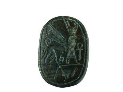 Seal with griffin wearing a kilt and double crown with ankh symbol, and locust on bottom of seal.