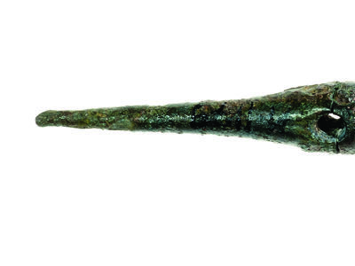 Bronze pin decorated with ribbing.
