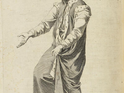 Drawing of man in hat stepping with one arm outstretched and the other grasping the hem of his robes with French heading.