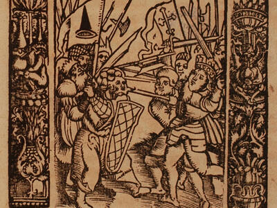 Woodcut print of two armies fighting with swords and shields.