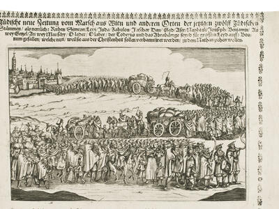 Print with German text on top and large illustration of procession of people leaving a city carrying bundles, with some horses and wagons. 