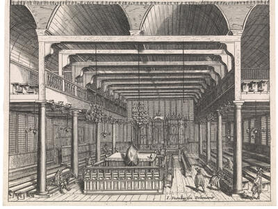 Print of building interior with central podium, columns, and second floor balcony.