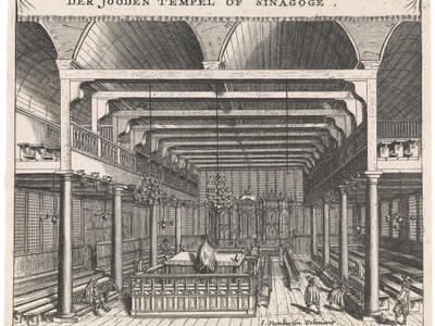 Print of building interior with central podium, columns, and second floor balcony.