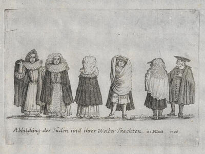 Drawing of six people wearing various clothing styles, including ruffs, dresses, and cloaks.