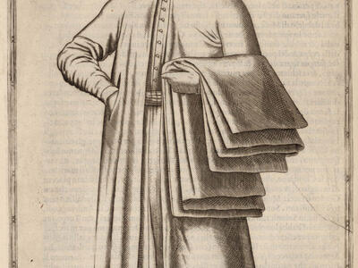 Full body drawing of man in turban with textiles folded over left arm and right hand in pocket.