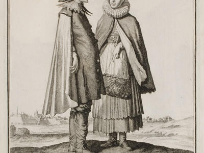 Print of man in cloak, hat, lace collar, and high boots, and woman dressed in cloak, winged bonnet, ruff collar, full skirt, and bodice, holding a large purse, with city landscape in the background.