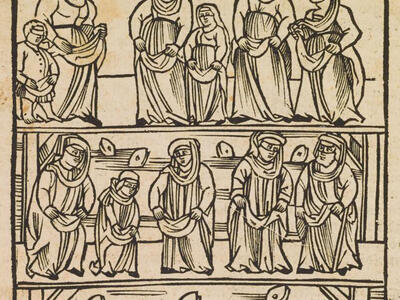 Print image of two rows of people in front of river with fish in it.