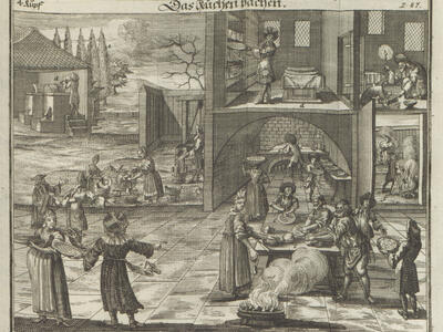 Preparing for Passover Print engraving of scenes indoors and outdoors of people cooking in kitchen, cleaning, using oven, and gathering wheat.