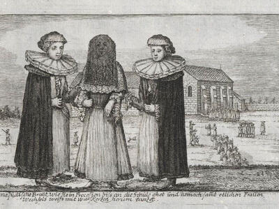 Print engraving of woman in veil flanked by two other women, standing before a stone building. 