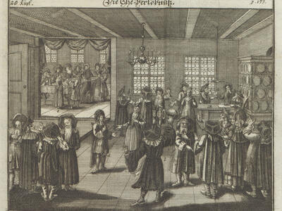 Print engraving with groups of people in room talking, with open door to another room in background. 