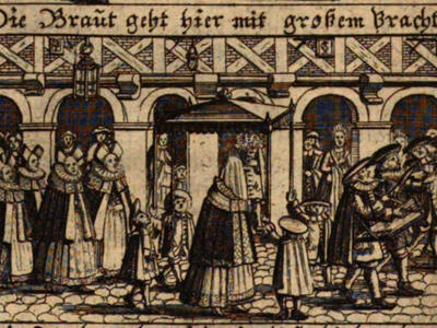 Print engraving of people outdoors around wedding canopy, outside of building.