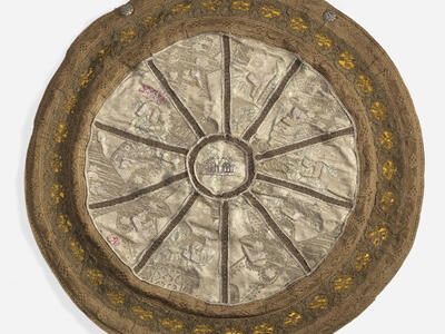 Cloth circular bag embroidered with radial sections and designs. 