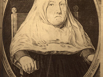 Portrait with circular border of seated older woman wearing wimple and stern expression and holding book in right hand, with Portuguese and Hebrew text below and around portrait. 