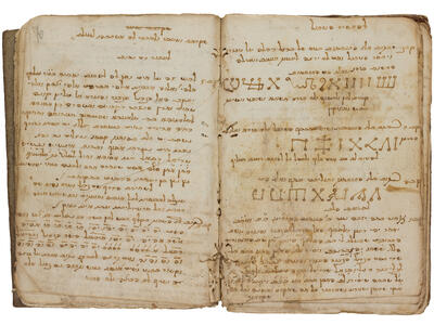 Facing-page manuscript with Hebrew text and letter formations. 