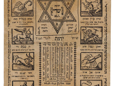 Printed page with Hebrew text in the middle adorned with woodcuts depicting zodiac signs on the right and left sides and Star of David in center. 