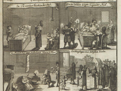 Print of four scenes in quadrants with German headings on each: top left is sick man in bed, top right is sick man in bed surrounded by people with candles and books, bottom left is sick man lying on the floor, and bottom right is procession through city walls.  