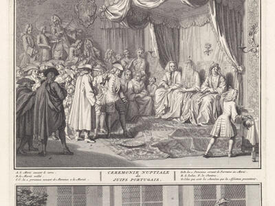 Two-panel drawing, the top of many people in interior room, some seated on right side under canopy, and the bottom of many people outside with a central figure with veil. 