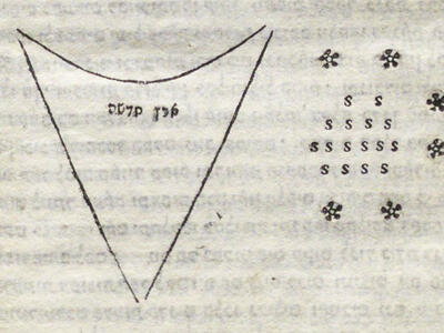 Printed page with upside-down triangle featuring two Hebrew words on left, and floral pattern with the letter S in a pattern on right.