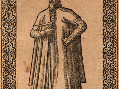 Print with decorative border of man in robes wearing hat and holding a book with right hand and Latin heading.