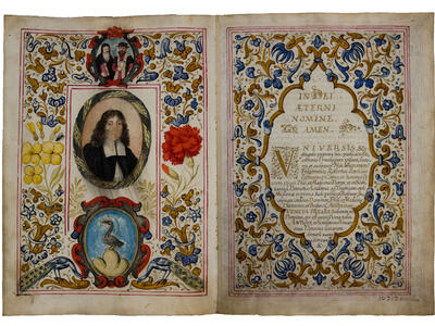 Medical Diploma of Emanuel Colli from the University of Padua Facing-page manuscript with left-hand side of three framed images surrounded by flora and birds: the top image of two men holding a book and cup, the middle of man with curly hair and collar, and bottom of a bird; and right-hand side of Latin text surrounded by decorative flora.